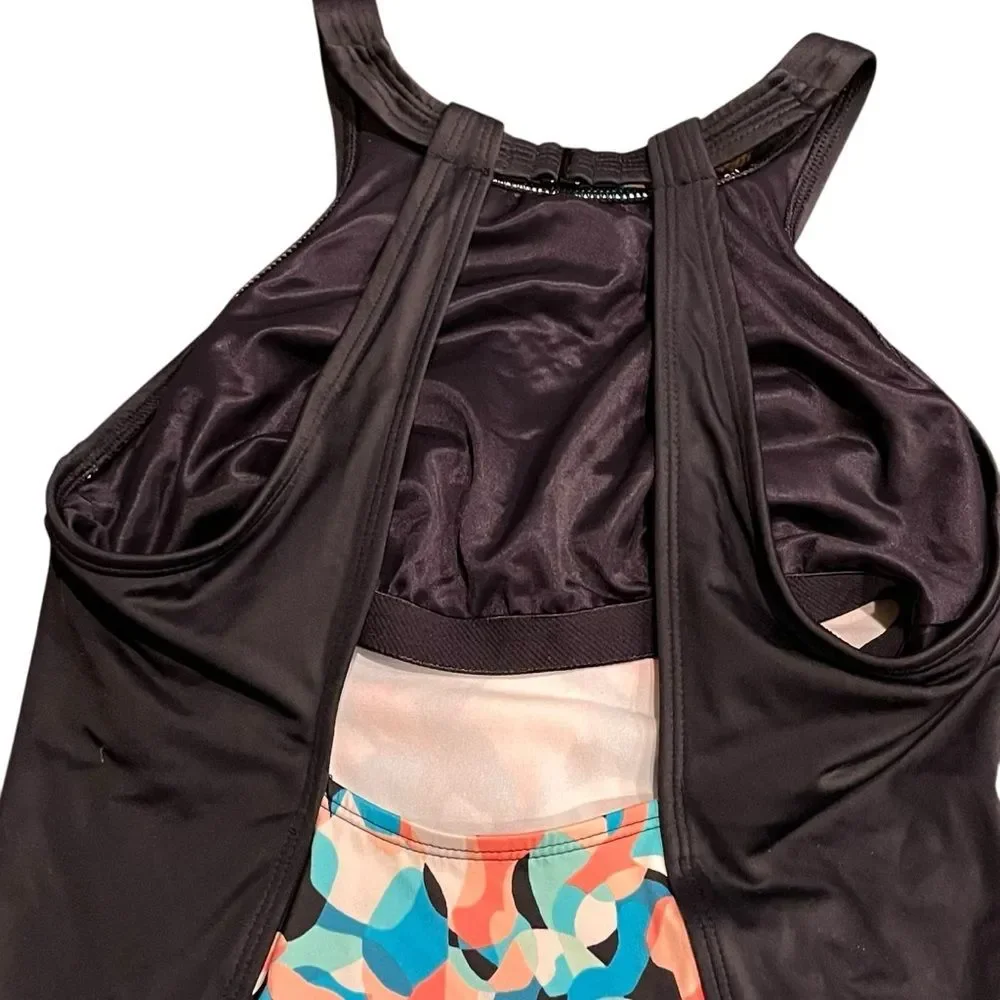 Lands End One Piece Swimsuit Colorful Patterned Bathing Suit Black Blue size 6L
